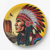 先住民アメリカンチーフオンワイルドランドスケープサンセット ペーパープレート (正面)