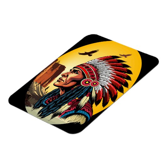 先住民アメリカンチーフオンワイルドランドスケープサンセット マグネット (左側)