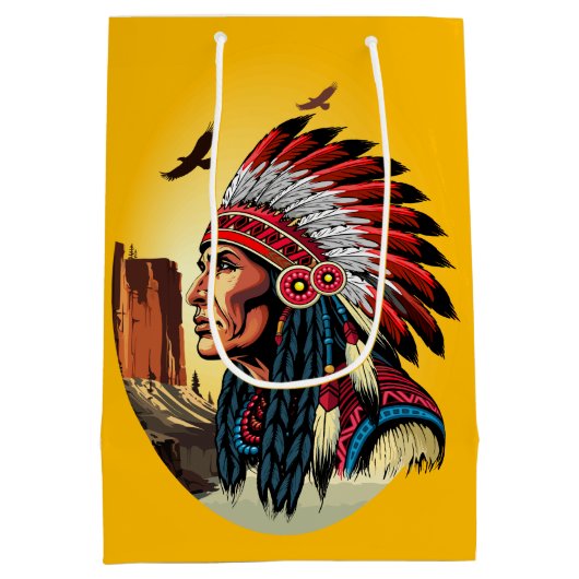 先住民アメリカンチーフオンワイルドランドスケープサンセット ミディアムペーパーバッグ (裏面)