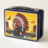 先住民アメリカンチーフオンワイルドランドスケープサンセット メタルランチボックス (裏面)
