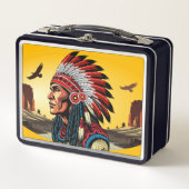 先住民アメリカンチーフオンワイルドランドスケープサンセット メタルランチボックス (正面)