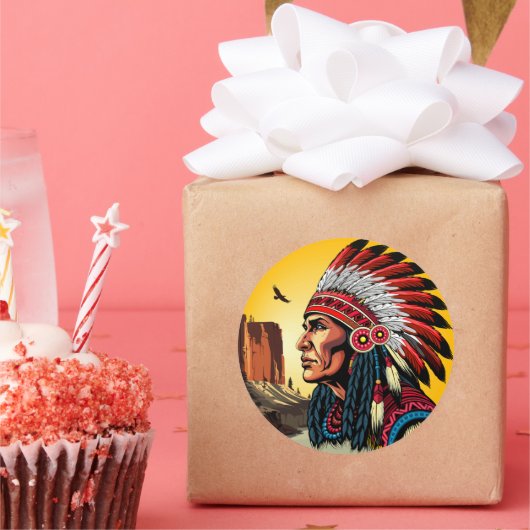 先住民アメリカンチーフオンワイルドランドスケープサンセット ラウンドシール (パーティー)