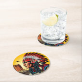 先住民アメリカンチーフオンワイルドランドスケープサンセット ラウンドペーパーコースター (インサイチュ)