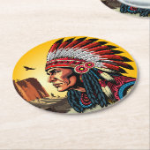先住民アメリカンチーフオンワイルドランドスケープサンセット ラウンドペーパーコースター (アングル)