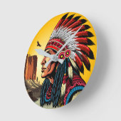 先住民アメリカンチーフオンワイルドランドスケープサンセット ラウンド壁時計 (傾斜)