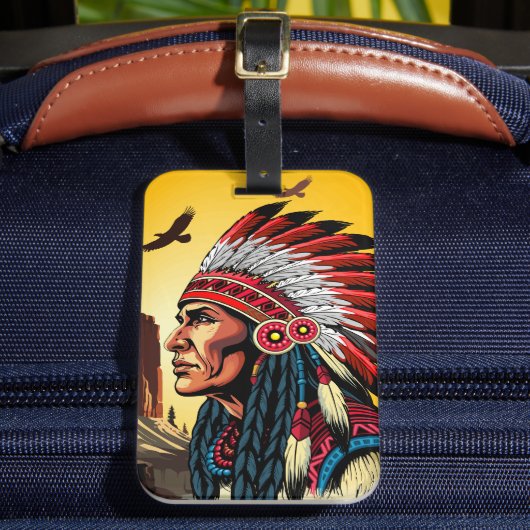 先住民アメリカンチーフオンワイルドランドスケープサンセット ラゲッジタグ (正面インサイチュ2)