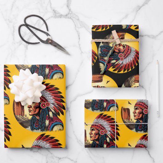 先住民アメリカンチーフオンワイルドランドスケープサンセット ラッピングペーパーシート (正面)