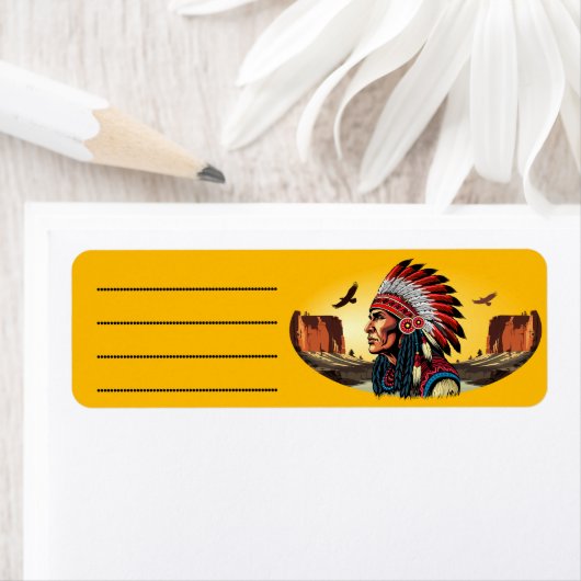 先住民アメリカンチーフオンワイルドランドスケープサンセット ラベル (インサイチュ)