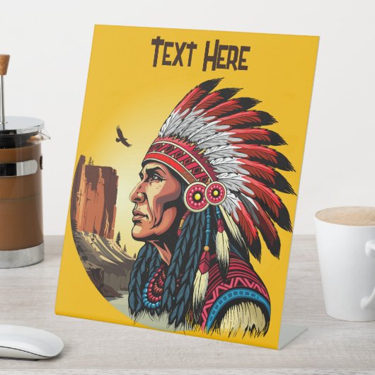 先住民アメリカンチーフオンワイルドランドスケープサンセット 台座サイン (インサイチュ)