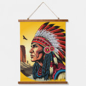 先住民アメリカンチーフオンワイルドランドスケープサンセット 吊り下げ型タペストリー (正面)