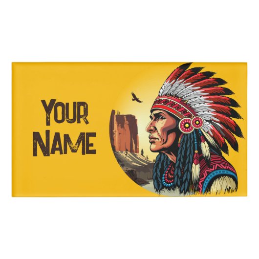 先住民アメリカンチーフオンワイルドランドスケープサンセット 名札 (正面)