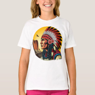 先住民アメリカンチーフオンワイルドランドスケープサンセット Tシャツ