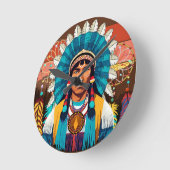 先住民アメリカンチーフパワーポートレート ラウンド壁時計 (傾斜)