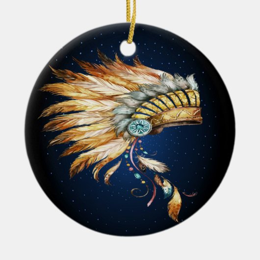 先住民アメリカンチーフヘアドレオーナメント セラミックオーナメント (正面)