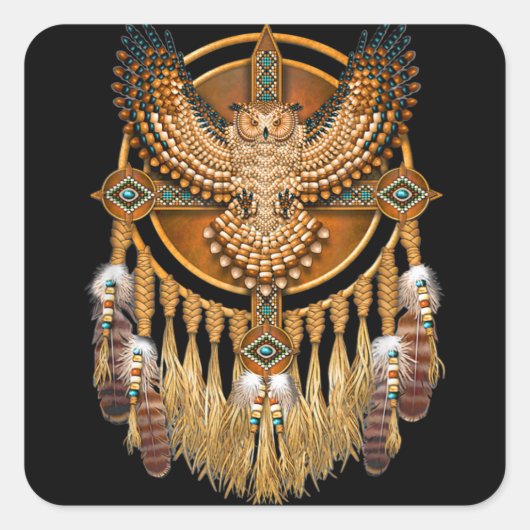 先住民アメリカントライバルアートフクロウ スクエアシール (正面)