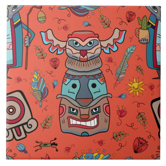 先住民アメリカントーテムオレンジ タイル (正面)