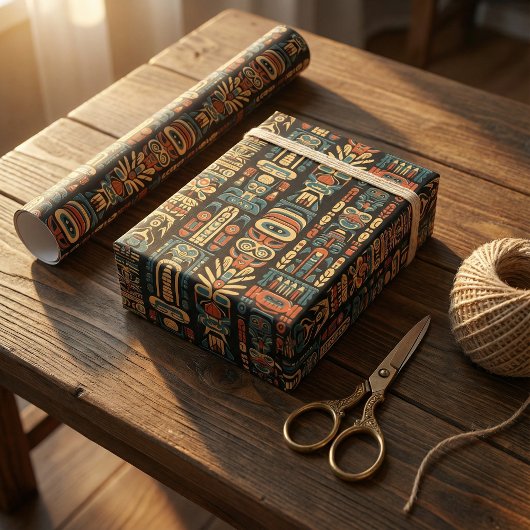 先住民アメリカントーテムポールアンドフェザーデザイン ラッピングペーパー