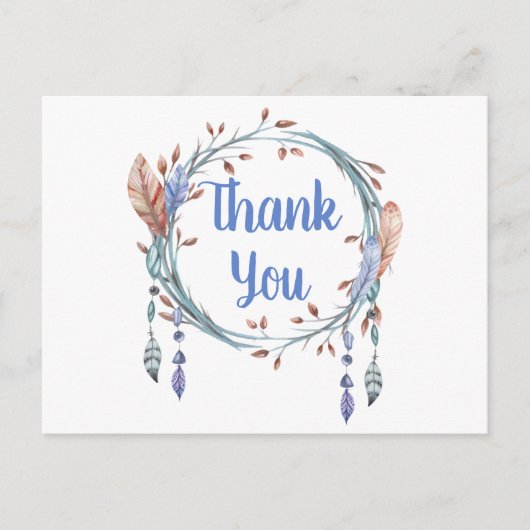 先住民アメリカンブルートライバルフェザーボーホサンキュー ポストカード (正面)