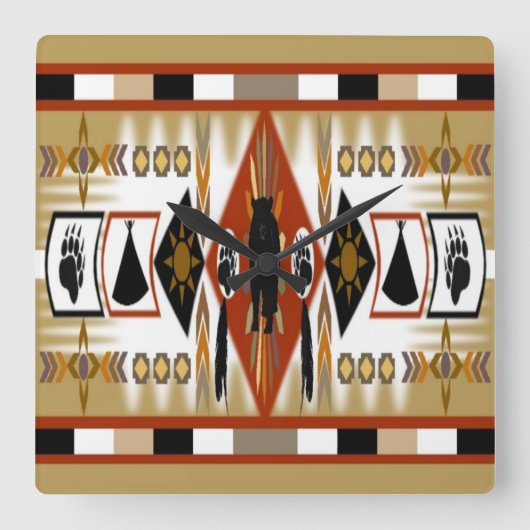 先住民アメリカンベアクランウォールクロック スクエア壁時計 (正面)
