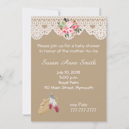 先住民アメリカンベビーガールベビーシャワー招待状 招待状 (裏面)