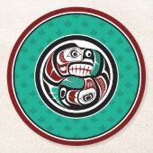 先住民アメリカンレッドブラックアートオッターサーモン ラウンドペーパーコースター (正面)