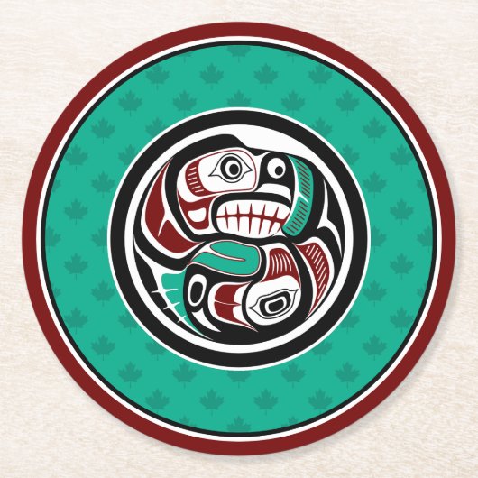 先住民アメリカンレッドブラックアートオッターサーモン ラウンドペーパーコースター (正面)