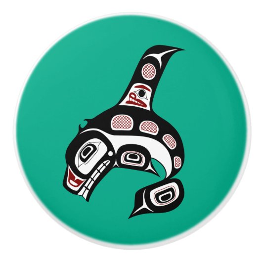 先住民アメリカンレッドブラックハイダアートキラークジラ セラミックノブ (正面)