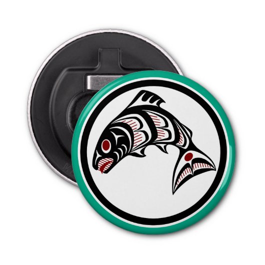 先住民アメリカンレッドブラックハイダアートサーモン 栓抜き (正面)