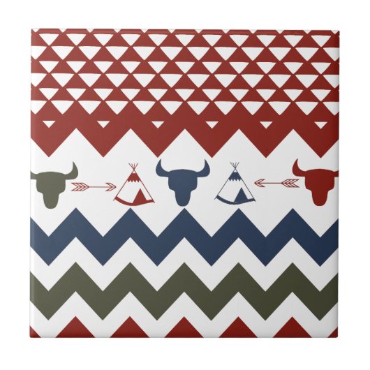 先住民アメリカンレッドブルーシェブロンティピスカルアロー タイル (正面)