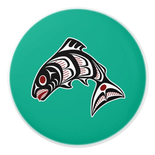 先住民アメリカンレッドホワイトブラックハイダサーモン セラミックノブ (正面)