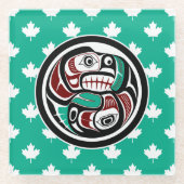 先住民アメリカンレッド白黒ハイダオッターサーモン ガラスコースター (正面)