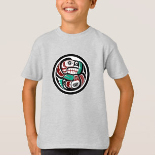 先住民アメリカンレッド白黒ハイダオッターサーモン Tシャツ