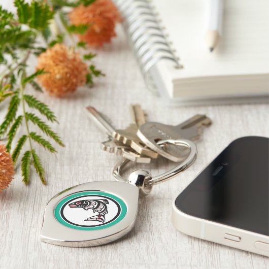 先住民アメリカンレッド白黒ハイダサーモン キーホルダー (側面)