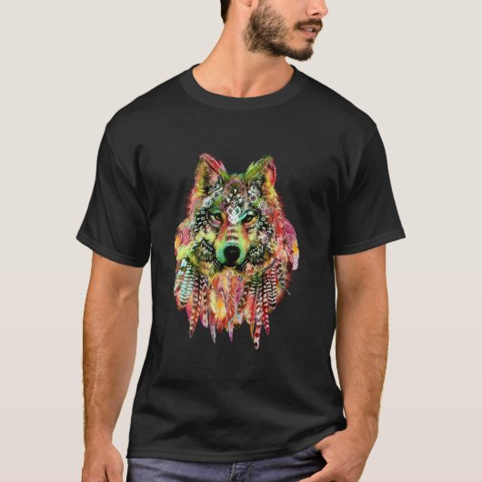 先住民アメリカン部族ウルフw羽スターズ長 tシャツ (正面)
