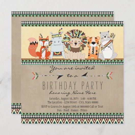 先住民アメリカン部族子供の誕生日パーティー 招待状 (正面/裏面)