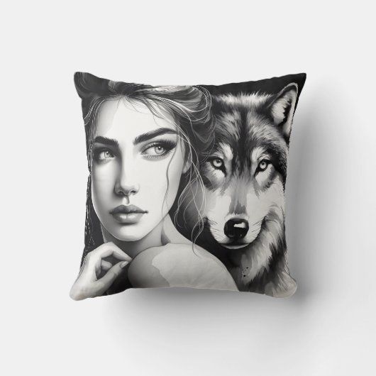 先住民アメリカ人女性がウルフを抱き寄せる夕暮れ クッション (裏面)