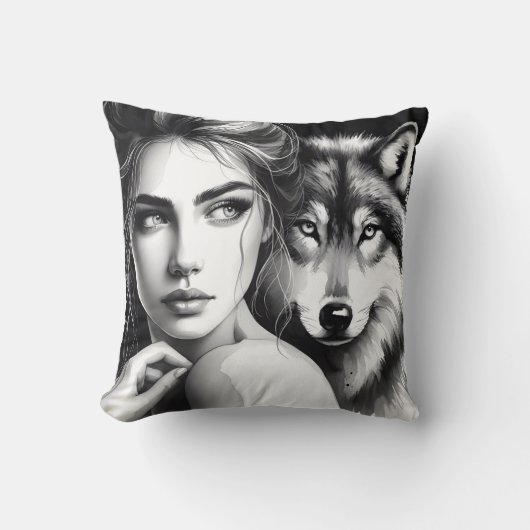 先住民アメリカ人女性がウルフを抱き寄せる夕暮れ クッション (正面)