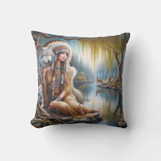 先住民アメリカ人女性がウルフを抱くリバーバンク クッション (正面)