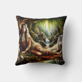 先住民アメリカ人女性がオオカミと一緒に川で休む クッション (裏面)