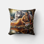 先住民アメリカ人女性がオオカミと川辺で休む クッション (正面)