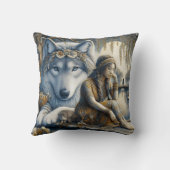 先住民アメリカ人女性がオオカミと水辺に座る クッション (裏面)
