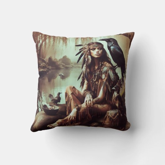 先住民アメリカ人女性がレイヴンと一緒に川でポーズをとる クッション (裏面)