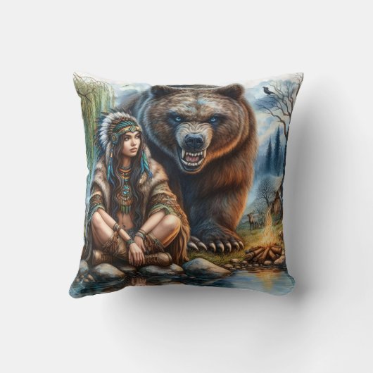 先住民アメリカ人女性が夕暮れ時にベア・バイ・バイ・バイバイ・サンセット クッション (裏面)