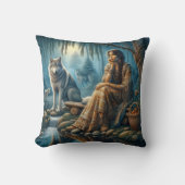 先住民アメリカ人女性が狼と一緒に川辺に座る クッション (正面)