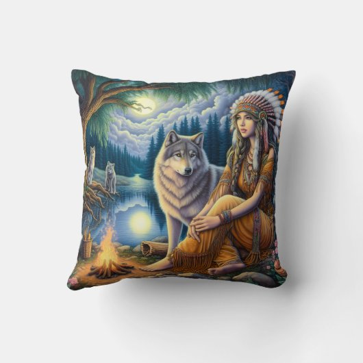 先住民アメリカ人女性とウルフバイレイク クッション (裏面)
