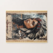 先住民アメリカ人女性とオオカミヴィンテージデザイン ジグソーパズル (横)