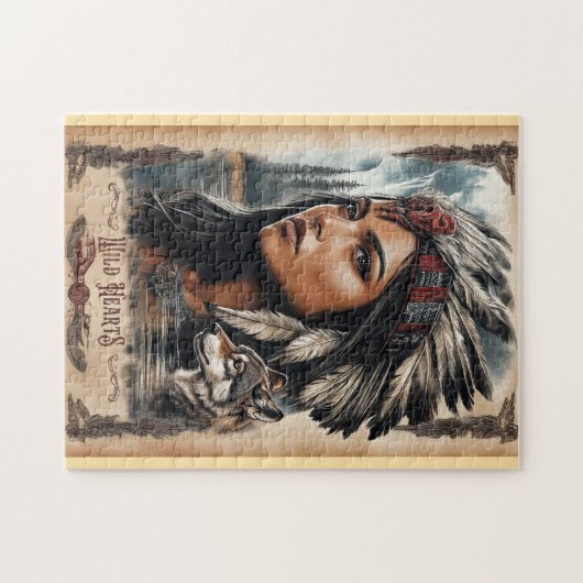 先住民アメリカ人女性とオオカミヴィンテージデザイン ジグソーパズル (横)