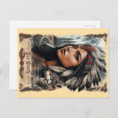 先住民アメリカ人女性とオオカミヴィンテージデザイン ポストカード (正面/裏面)