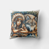 先住民アメリカ人女性とオオカミ付き穏やかな水 クッション (裏面)