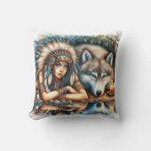 先住民アメリカ人女性とオオカミ付き穏やかな水 クッション (正面)